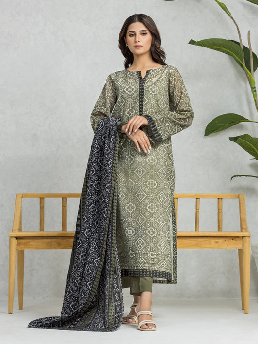 edenrobe Unstitched Olive Lawn 3 Piece Suit EWU24A1-28125-3P