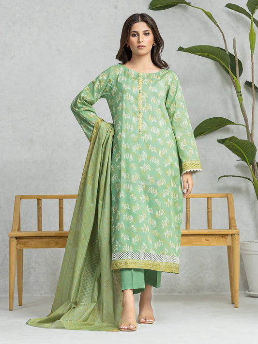 edenrobe Unstitched Green Lawn 3 Piece Suit EWU24A1-28217-3P