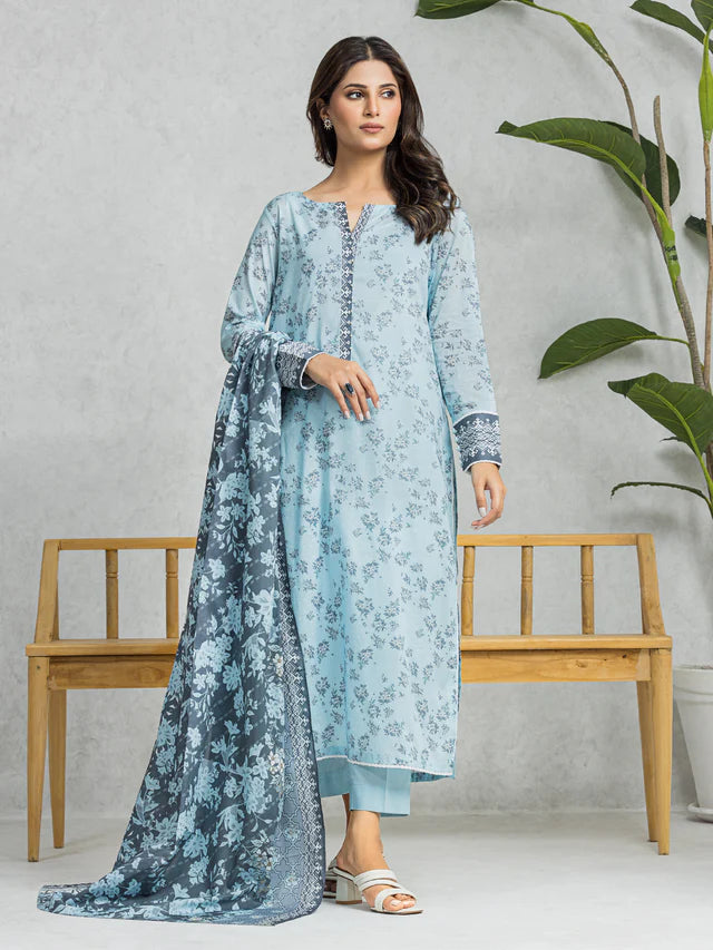 edenrobe Unstitched Sky Blue Lawn 3 Piece Suit EWU24A1-28228-3P