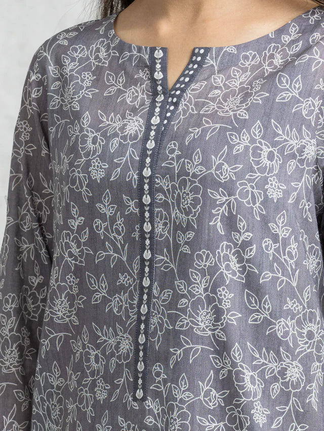 edenrobe Unstitched Grey Printed Lawn 3 Piece Suit EWU24A1-28362-3P