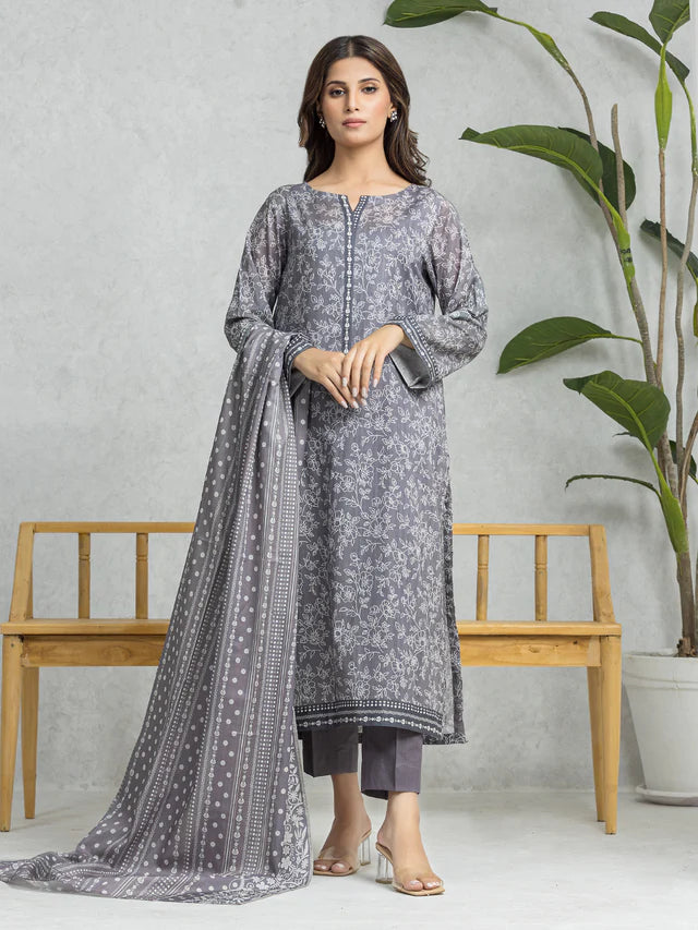 edenrobe Unstitched Grey Printed Lawn 3 Piece Suit EWU24A1-28362-3P