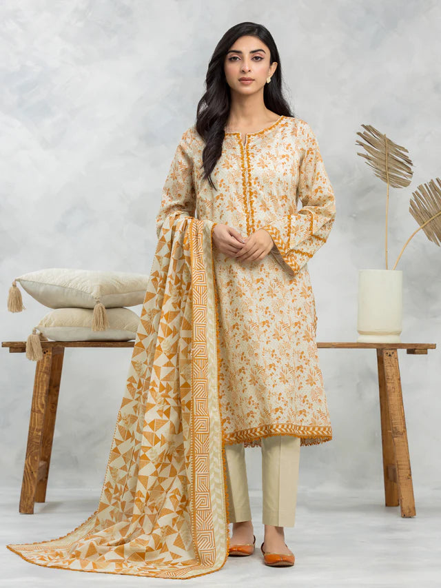 edenrobe Unstitched Cream Lawn 3 Piece Suit EWU24A1-28503-3P