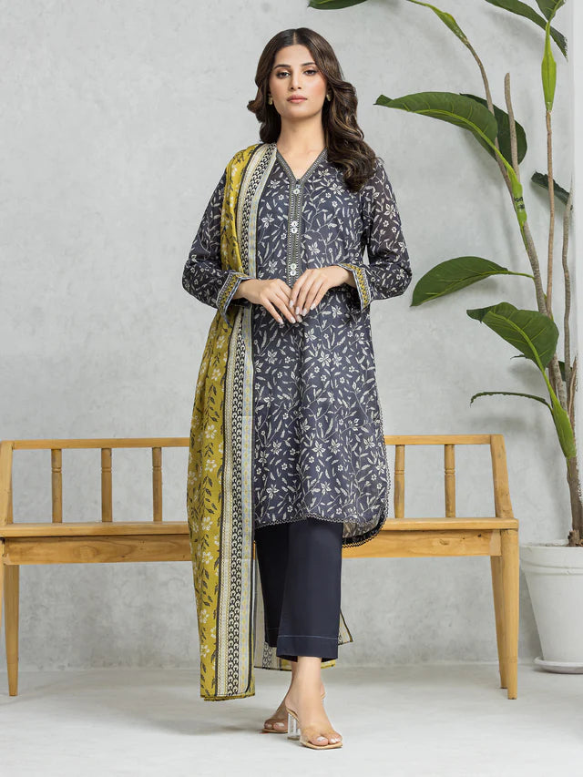 edenrobe Unstitched Charcoal Printed Lawn 3 Piece Suit EWU24A1-28566-3P