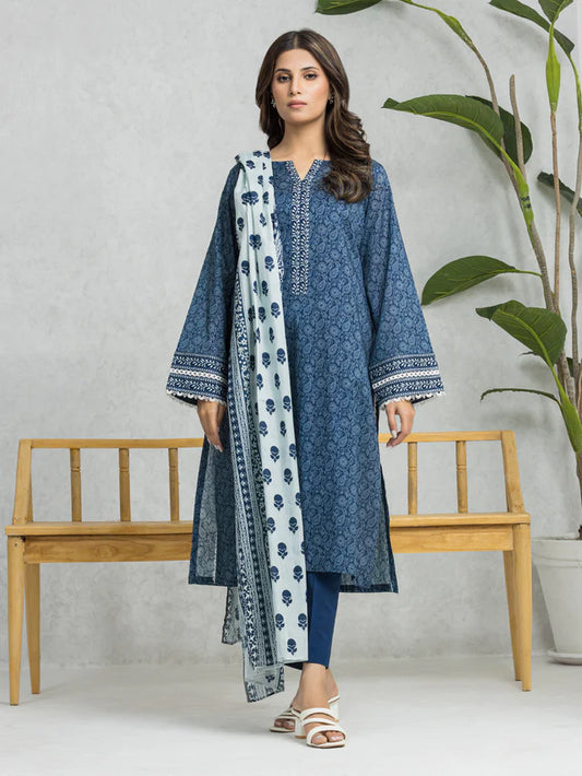 edenrobe Unstitched Teal Blue Printed Lawn 3 Piece Suit EWU24A1-28583-3P