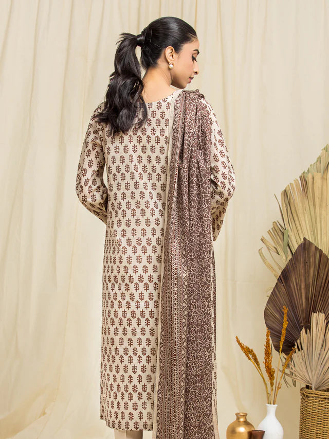 edenrobe Unstitched Beige Lawn 3 Piece Suit EWU24A1-29062-3P