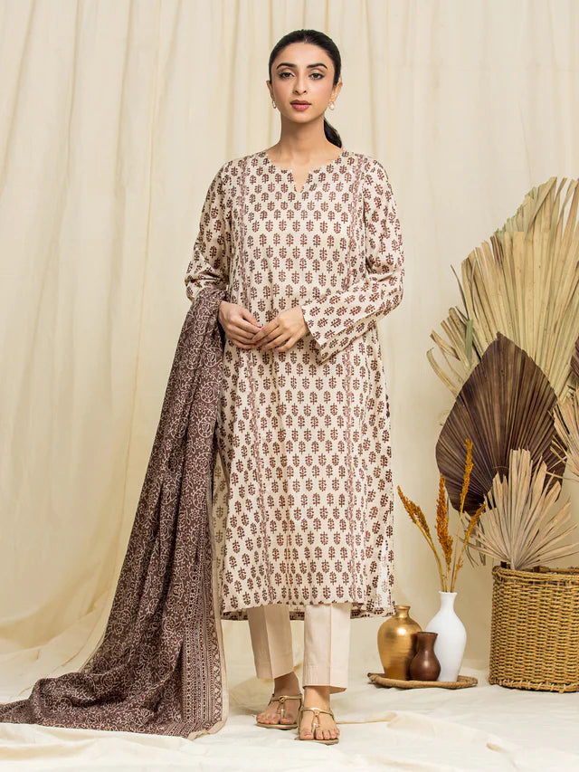 edenrobe Unstitched Beige Lawn 3 Piece Suit EWU24A1-29062-3P