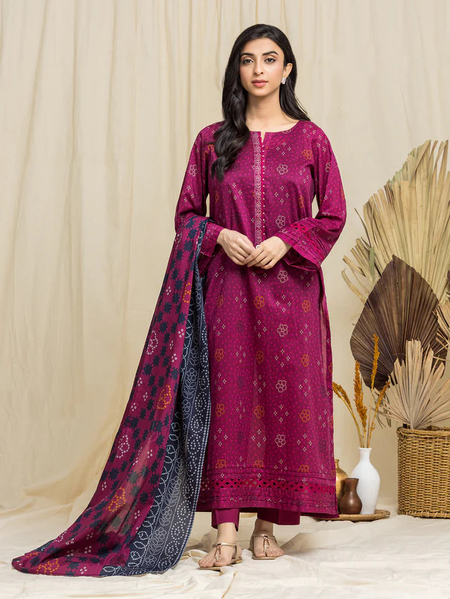 edenrobe Unstitched Magenta Lawn 3 Piece Suit EWU24A1-29064-3P