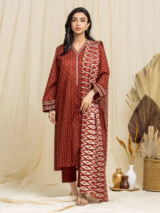 edenrobe Unstitched Rust Printed Lawn 3 Piece Suit EWU24A1-29067-3P