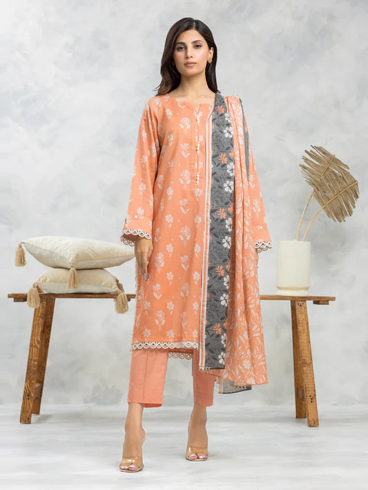 edenrobe Unstitched Peach Printed Lawn 3 Piece Suit EWU24A1-29089-3P