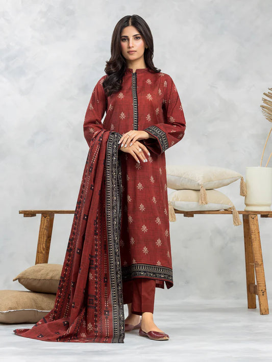 edenrobe Unstitched Maroon Lawn 3 Piece Suit EWU24A1-29095-3P