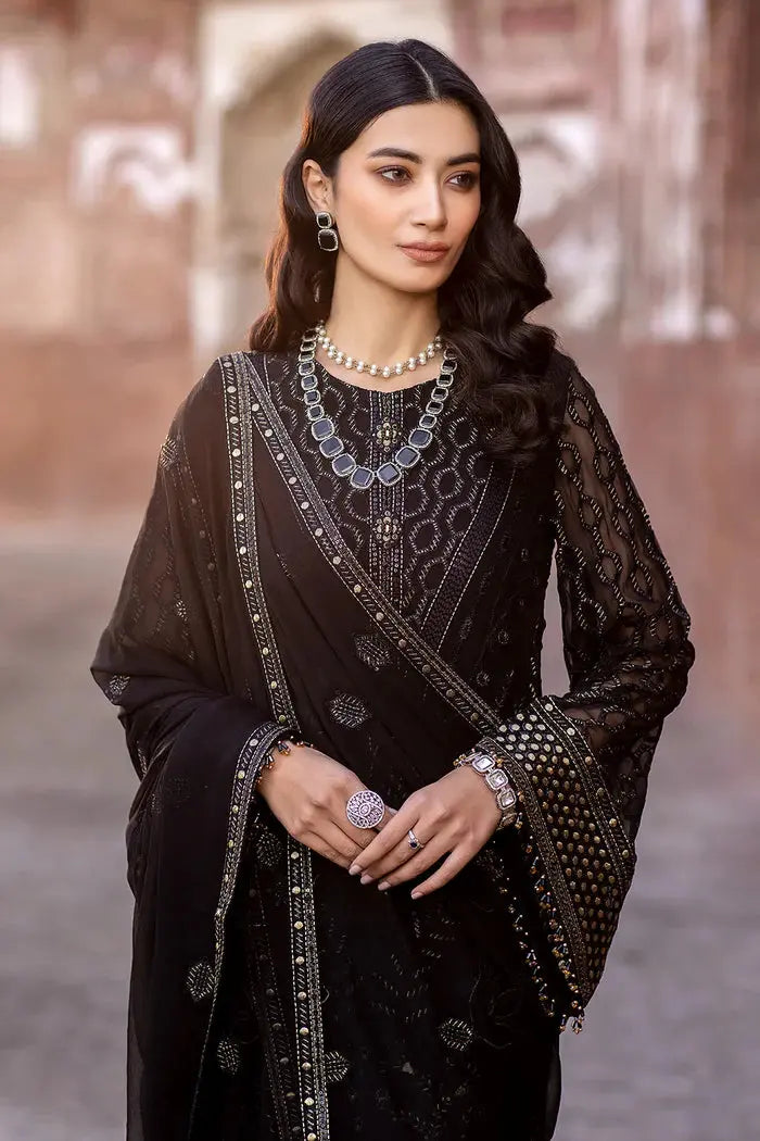 FLOSSIE SAFEERA EMBROIDERED CHIFFON UNSTITCHED 3PC SUIT S-1302 DARK VEIL