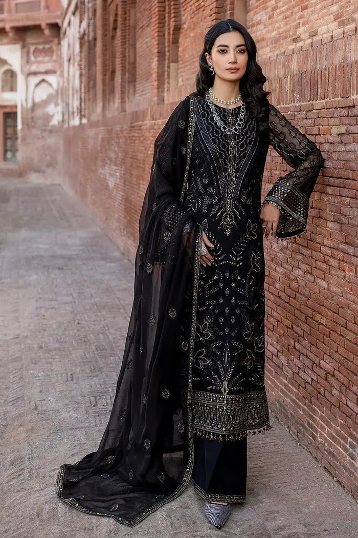 FLOSSIE SAFEERA EMBROIDERED CHIFFON UNSTITCHED 3PC SUIT S-1302 DARK VEIL