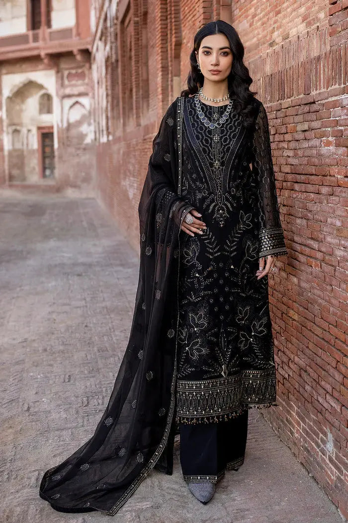 FLOSSIE SAFEERA EMBROIDERED CHIFFON UNSTITCHED 3PC SUIT S-1302 DARK VEIL