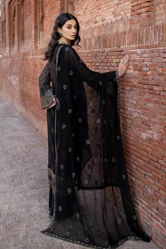 FLOSSIE SAFEERA EMBROIDERED CHIFFON UNSTITCHED 3PC SUIT S-1302 DARK VEIL