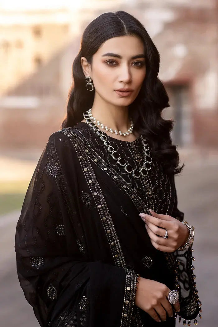 FLOSSIE SAFEERA EMBROIDERED CHIFFON UNSTITCHED 3PC SUIT S-1302 DARK VEIL