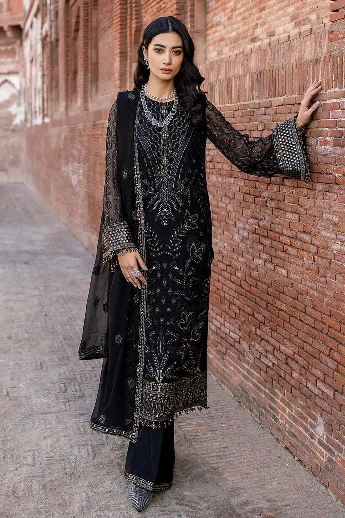 FLOSSIE SAFEERA EMBROIDERED CHIFFON UNSTITCHED 3PC SUIT S-1302 DARK VEIL