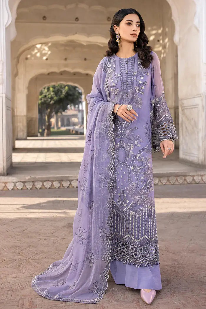 FLOSSIE SAFEERA EMBROIDERED CHIFFON UNSTITCHED 3PC SUIT S-1303-A VIOLET SWEET