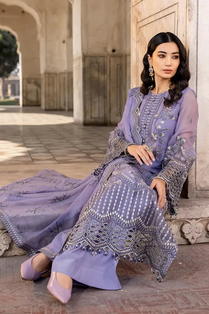 FLOSSIE SAFEERA EMBROIDERED CHIFFON UNSTITCHED 3PC SUIT S-1303-A VIOLET SWEET