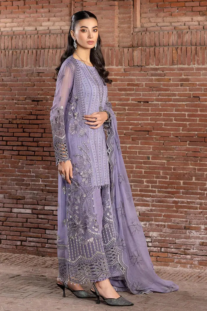 FLOSSIE SAFEERA EMBROIDERED CHIFFON UNSTITCHED 3PC SUIT S-1303-B VIOLET SWEET