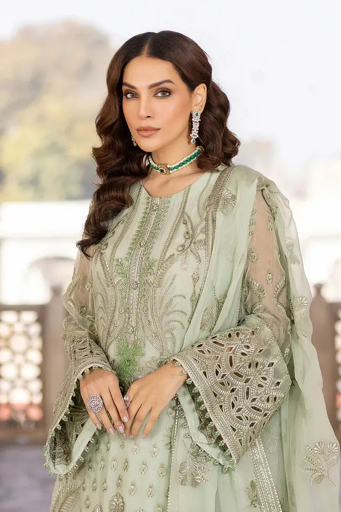 FLOSSIE SAFEERA EMBROIDERED CHIFFON UNSTITCHED 3PC SUIT S-1304 LUSTER GREEN