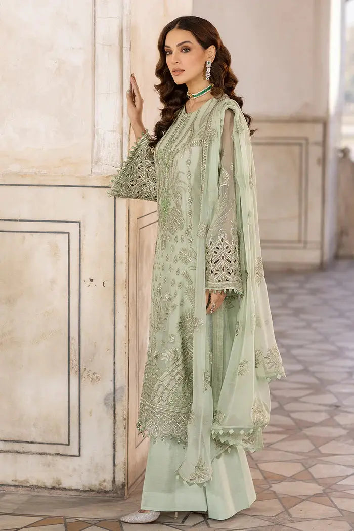 FLOSSIE SAFEERA EMBROIDERED CHIFFON UNSTITCHED 3PC SUIT S-1304 LUSTER GREEN