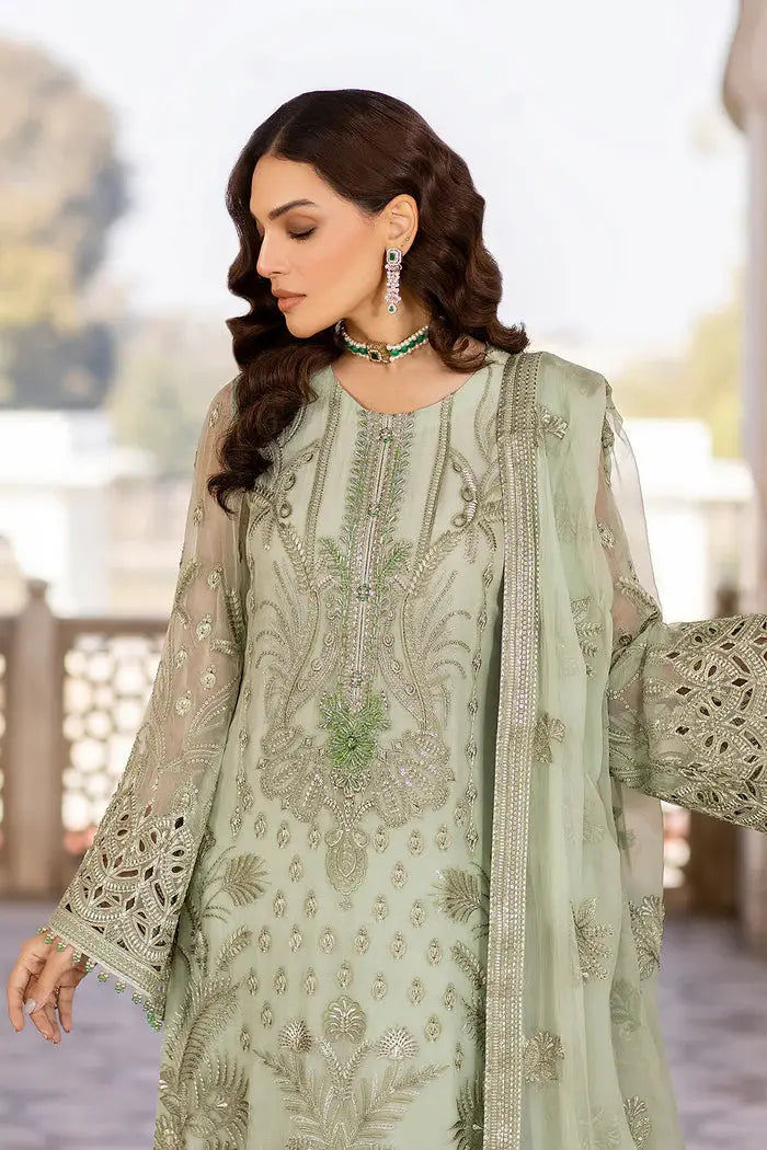 FLOSSIE SAFEERA EMBROIDERED CHIFFON UNSTITCHED 3PC SUIT S-1304 LUSTER GREEN