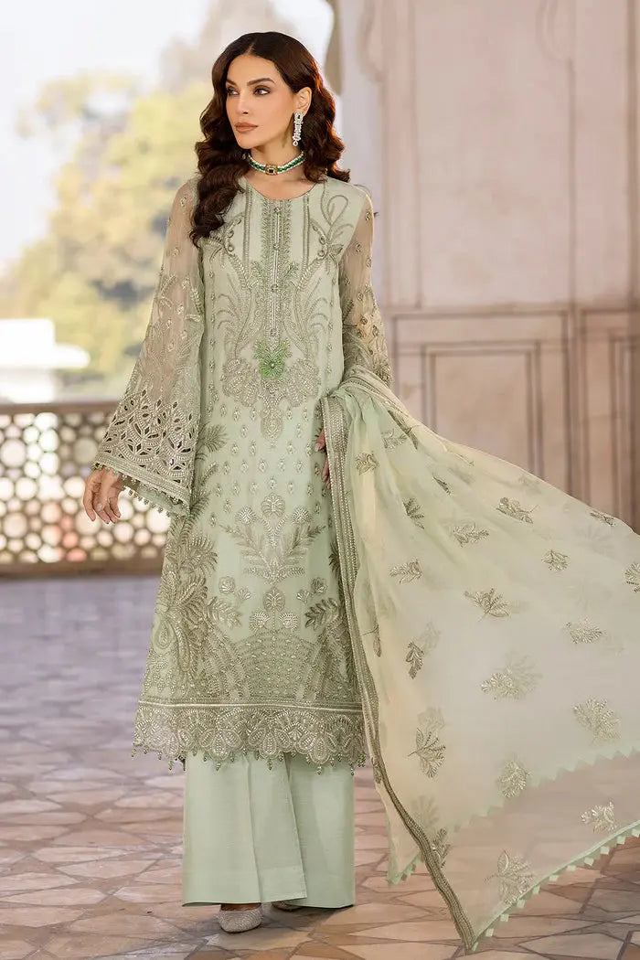 FLOSSIE SAFEERA EMBROIDERED CHIFFON UNSTITCHED 3PC SUIT S-1304 LUSTER GREEN