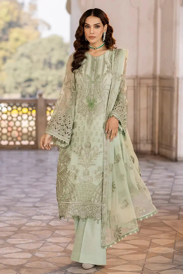 FLOSSIE SAFEERA EMBROIDERED CHIFFON UNSTITCHED 3PC SUIT S-1304 LUSTER GREEN