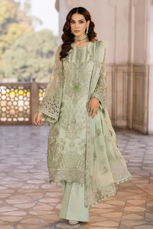 FLOSSIE SAFEERA EMBROIDERED CHIFFON UNSTITCHED 3PC SUIT S-1304 LUSTER GREEN