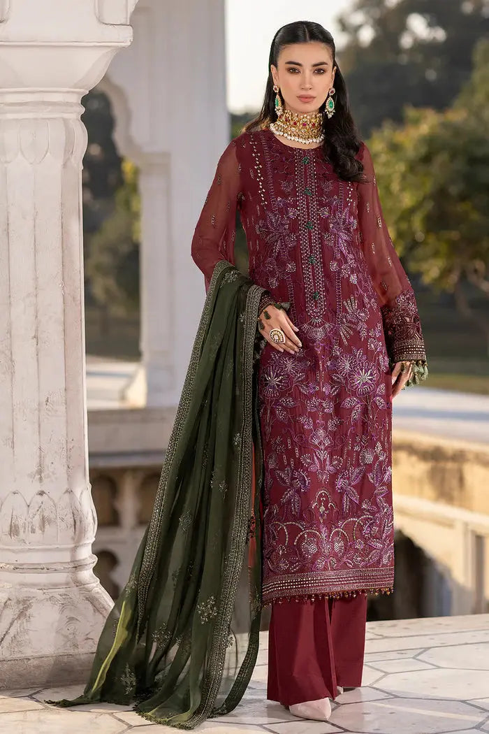 FLOSSIE SAFEERA EMBROIDERED CHIFFON UNSTITCHED 3PC SUIT S-1305 CHERRYADE