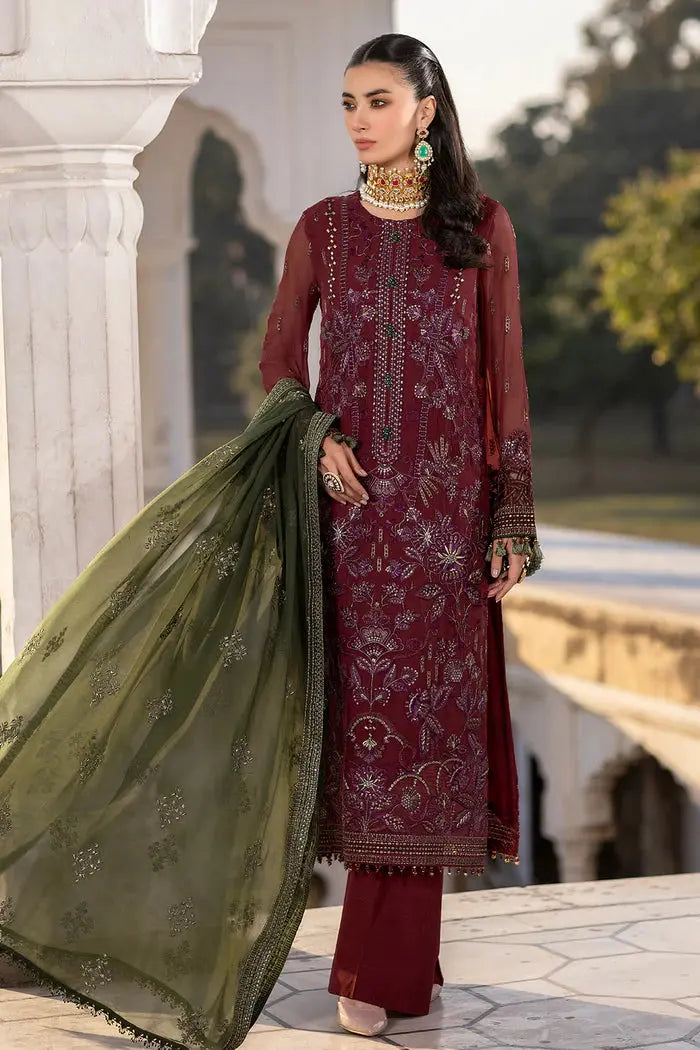 FLOSSIE SAFEERA EMBROIDERED CHIFFON UNSTITCHED 3PC SUIT S-1305 CHERRYADE