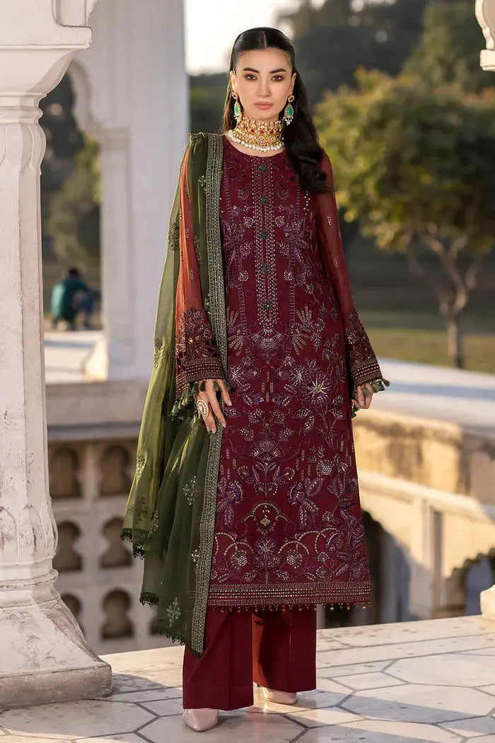 FLOSSIE SAFEERA EMBROIDERED CHIFFON UNSTITCHED 3PC SUIT S-1305 CHERRYADE