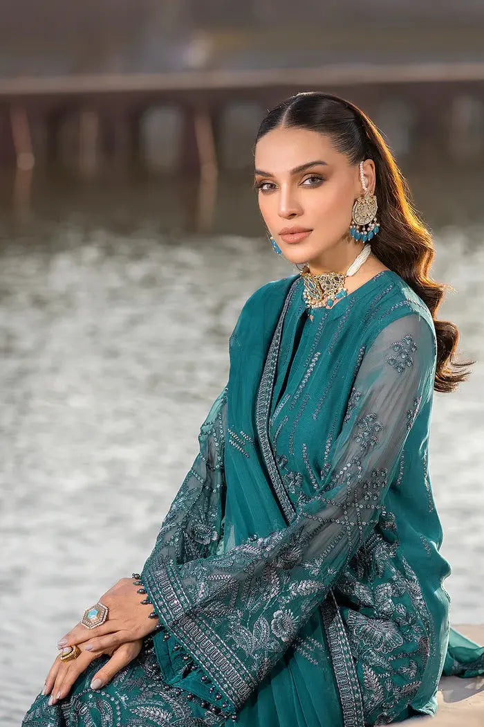 FLOSSIE SAFEERA EMBROIDERED CHIFFON UNSTITCHED 3PC SUIT S-1306 COLD LIGHT