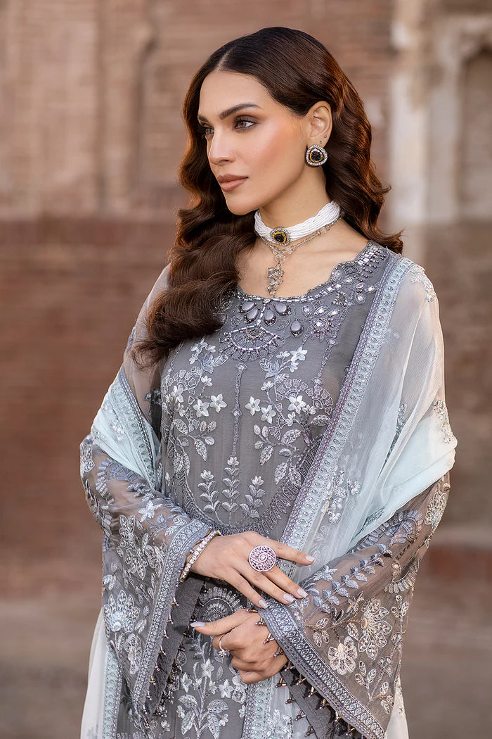 FLOSSIE SAFEERA EMBROIDERED CHIFFON UNSTITCHED 3PC SUIT S-1308 A STORMY GREY