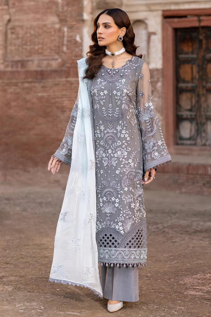 FLOSSIE SAFEERA EMBROIDERED CHIFFON UNSTITCHED 3PC SUIT S-1308 A STORMY GREY