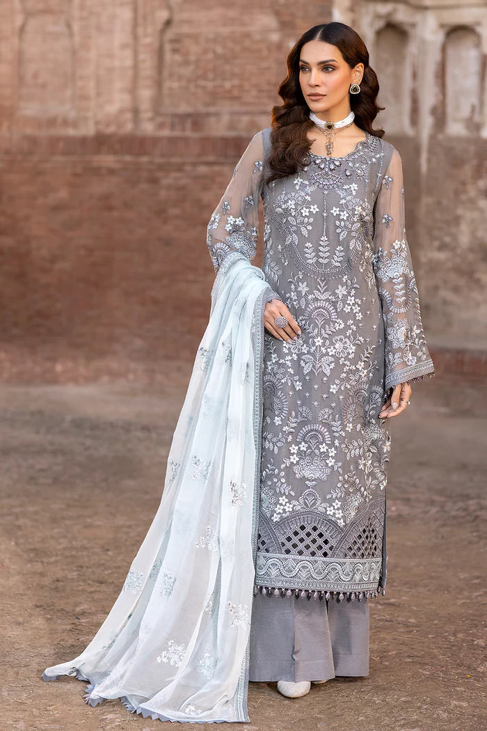 FLOSSIE SAFEERA EMBROIDERED CHIFFON UNSTITCHED 3PC SUIT S-1308 A STORMY GREY