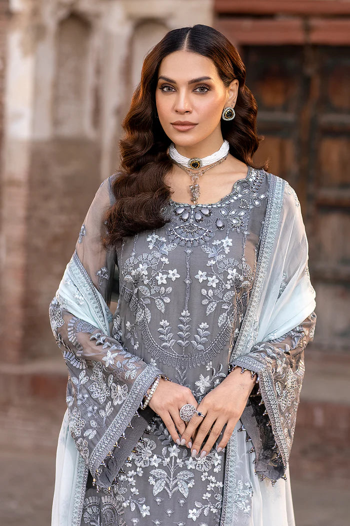 FLOSSIE SAFEERA EMBROIDERED CHIFFON UNSTITCHED 3PC SUIT S-1308 A STORMY GREY