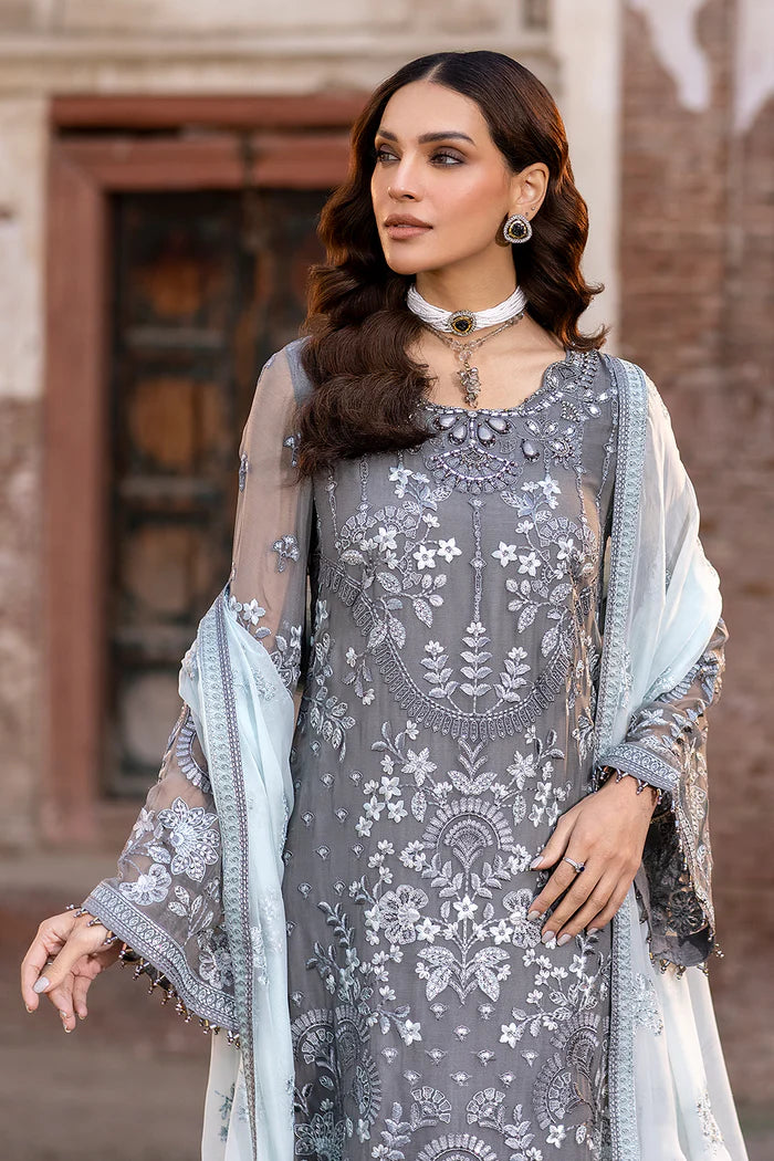 FLOSSIE SAFEERA EMBROIDERED CHIFFON UNSTITCHED 3PC SUIT S-1308 A STORMY GREY