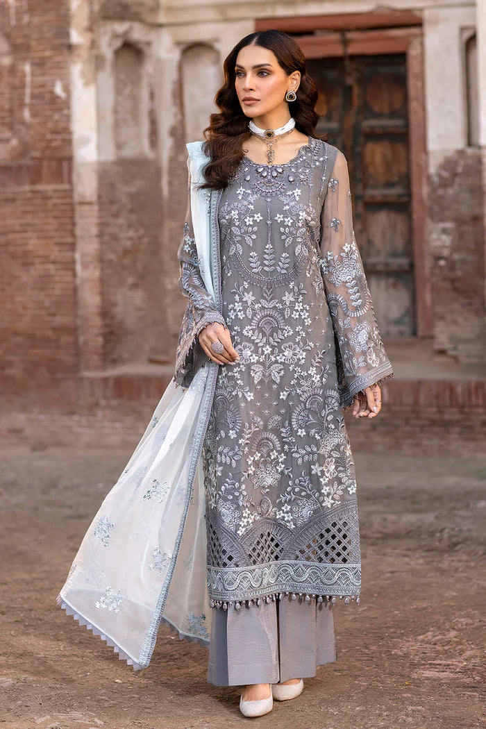 FLOSSIE SAFEERA EMBROIDERED CHIFFON UNSTITCHED 3PC SUIT S-1308 A STORMY GREY