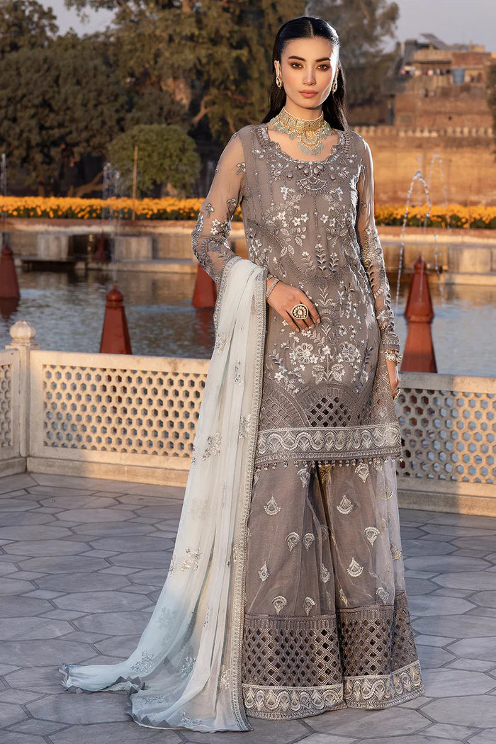 FLOSSIE SAFEERA EMBROIDERED CHIFFON UNSTITCHED 3PC SUIT S-1308 B STORMY GREY