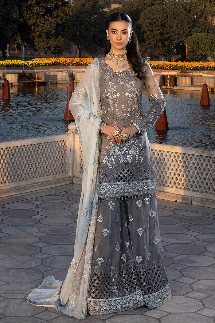 FLOSSIE SAFEERA EMBROIDERED CHIFFON UNSTITCHED 3PC SUIT S-1308 B STORMY GREY